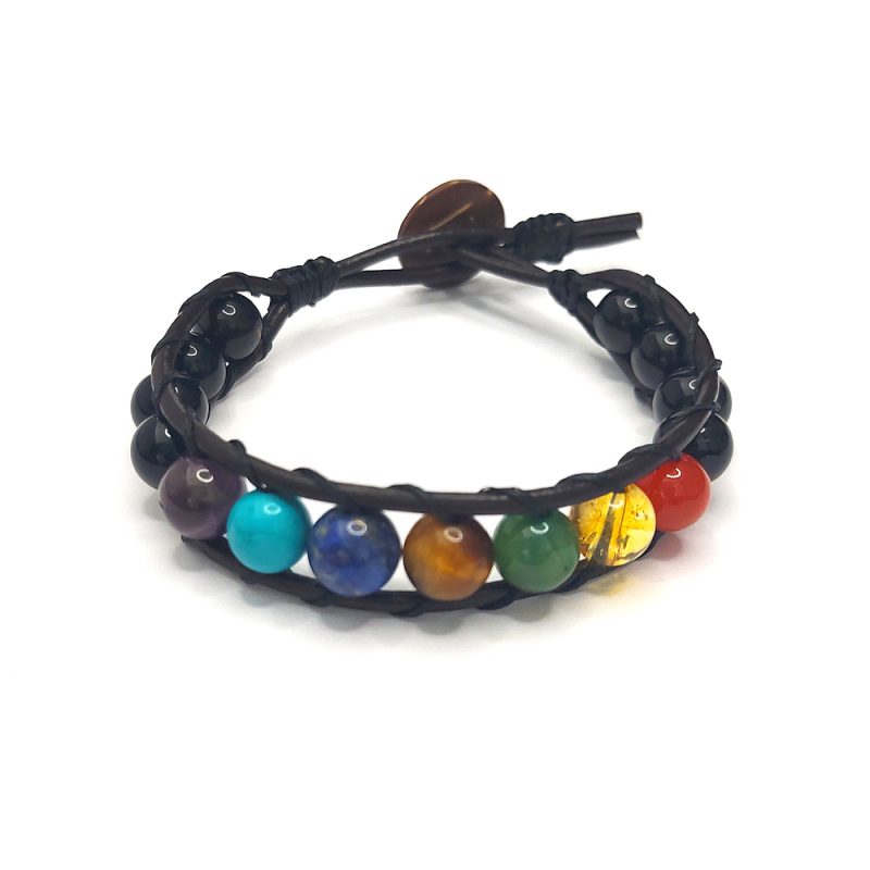 دستبند هفت سنگ مقدس و چرم کد75