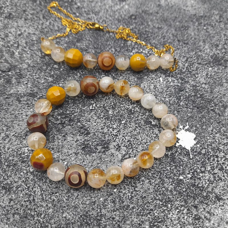 ست دستبند و گردنبند سنگ سیترین ، موکائیت و مهره تبتی کد 320080