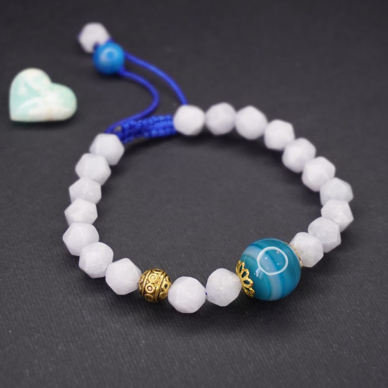 دستبند سنگ اکومارین وعقیق وگوی برنج کد 310187