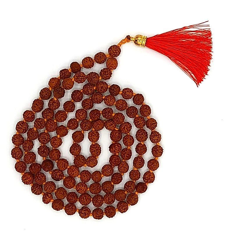 تسبیح رودراکشا پنج موکی گره بافی شده هندی اصل 108 عددی سایز 10