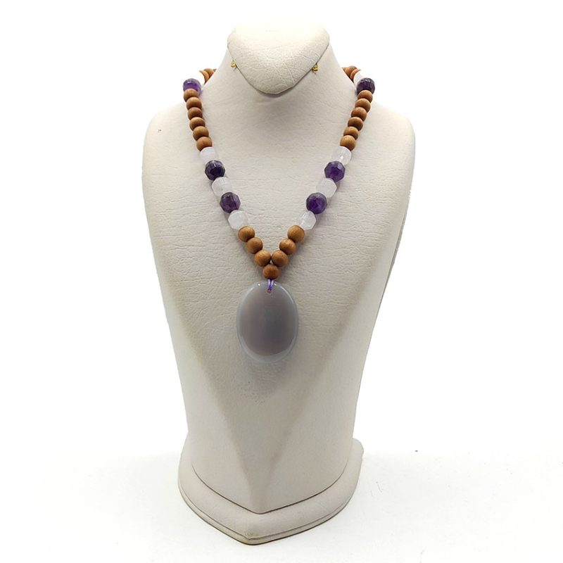 گردنبند گردنبند چوب معطر صندل وآمیتیست و رز کوارتز کد 320081