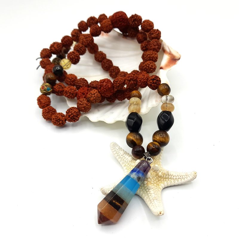 گردنبند رود راکشا و چشم ببر سیترین وعقیق سیاه وسنگ هفت چاکرا کد 320061