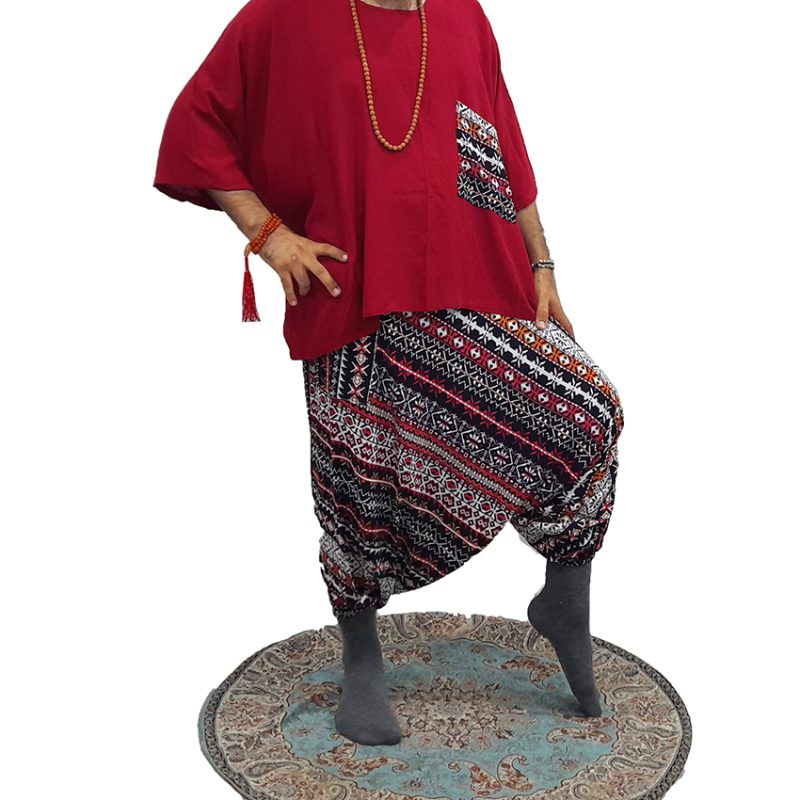 ست شلوار تبتی طرحدار و پانچو قرمز