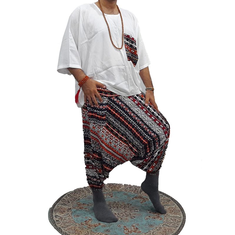 ست شلوار تبتی طرحدار و پانچو سفید