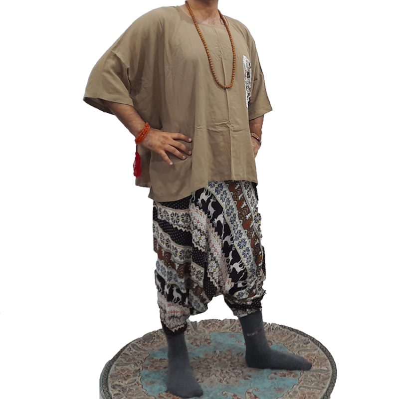 ست شلوار تبتی طرحدار و پانچو کرمی