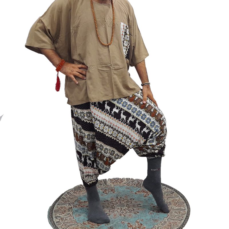 ست شلوار تبتی طرحدار و پانچو کرمی