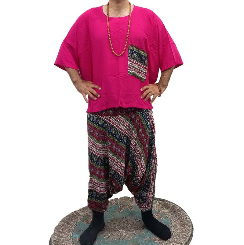 ست شلوار تبتی طرحدار و پانچو صورتی