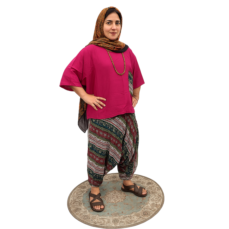 ست شلوار تبتی طرحدار و پانچو صورتی