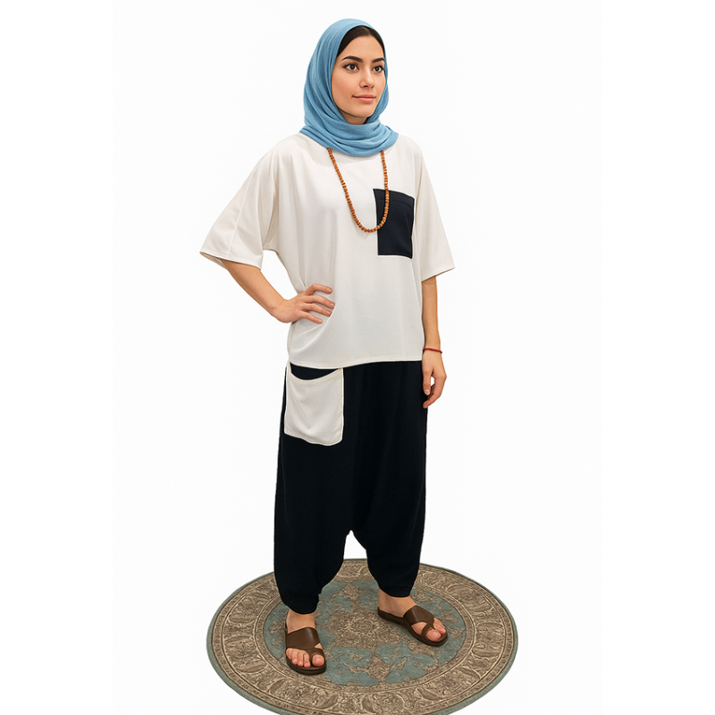 ست شلوار تبتی مشکی و پانچو سفید