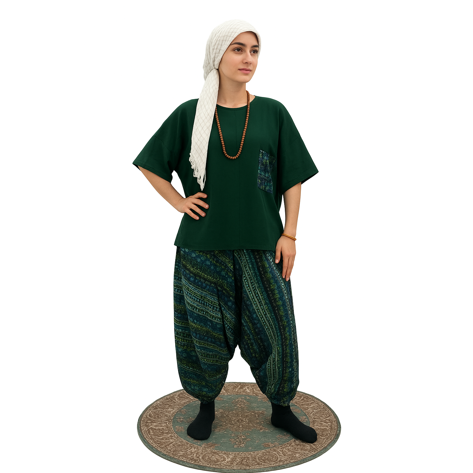 ChatGPT Image Sep 3, 2025, 04_40_53 PM ست شلوار تبتی طرحدار و پانچو سبز