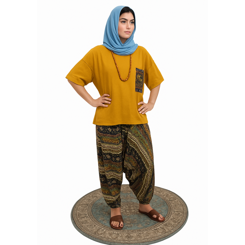 ست شلوار تبتی طرحدار و پانچو خردلی