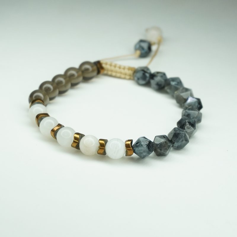 دستبند مون استون،حدید واشری،لارویکیت تراش و اسموکی کوارتز کد310242